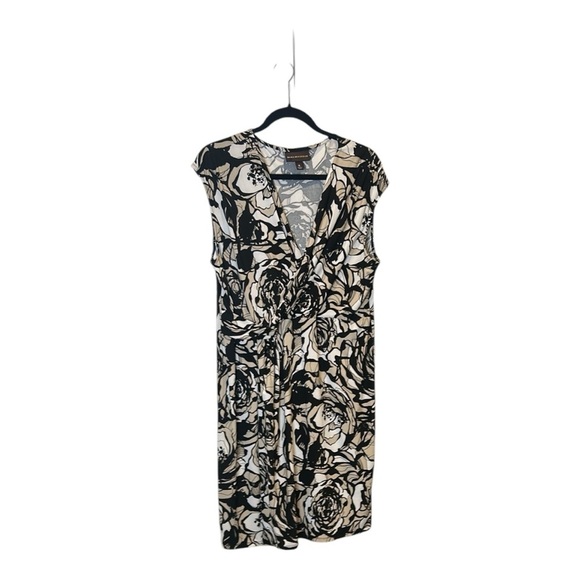 Dana Buchman Faux Wrap Floral Sleeveless V Neck Midi Dress in Brown Tan Cream - Picture 1 of 17